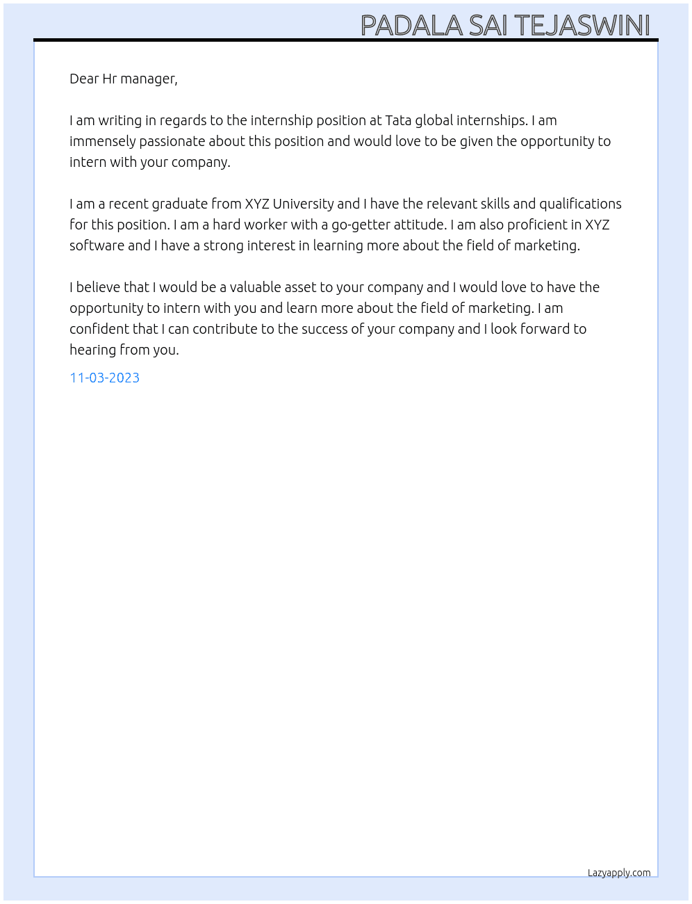 Internship  At Tata global internships  Cover Letter