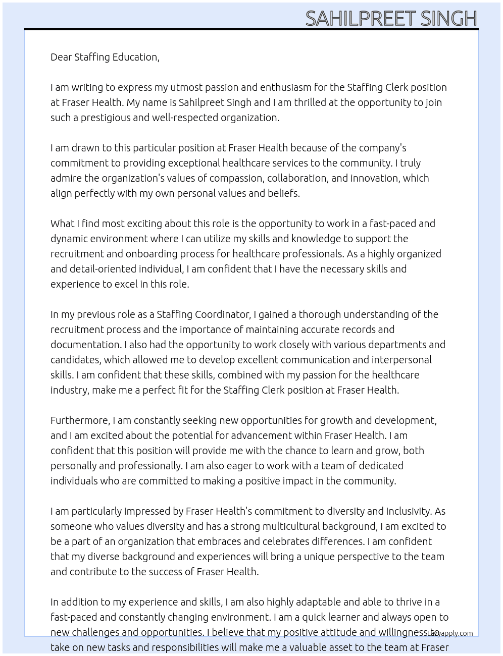 staffing clerk At fraser health Cover Letter