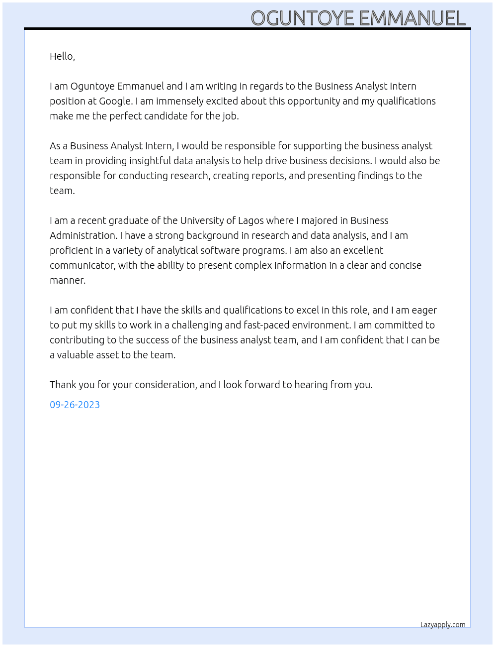 Business analyst intern  At Google Cover Letter