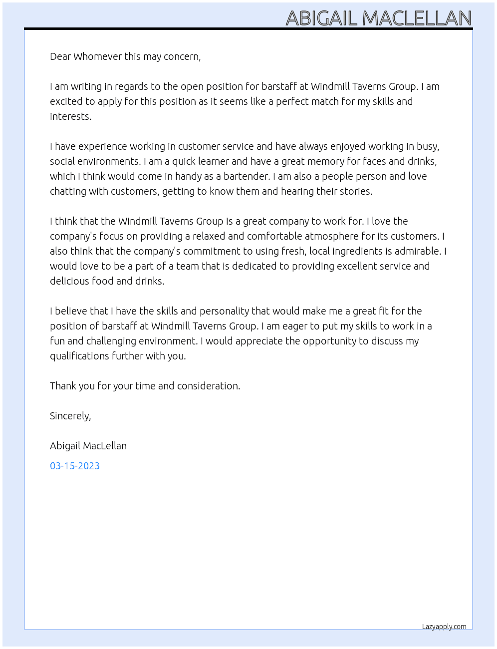 barstaff At Windmill Taverns Group Cover Letter