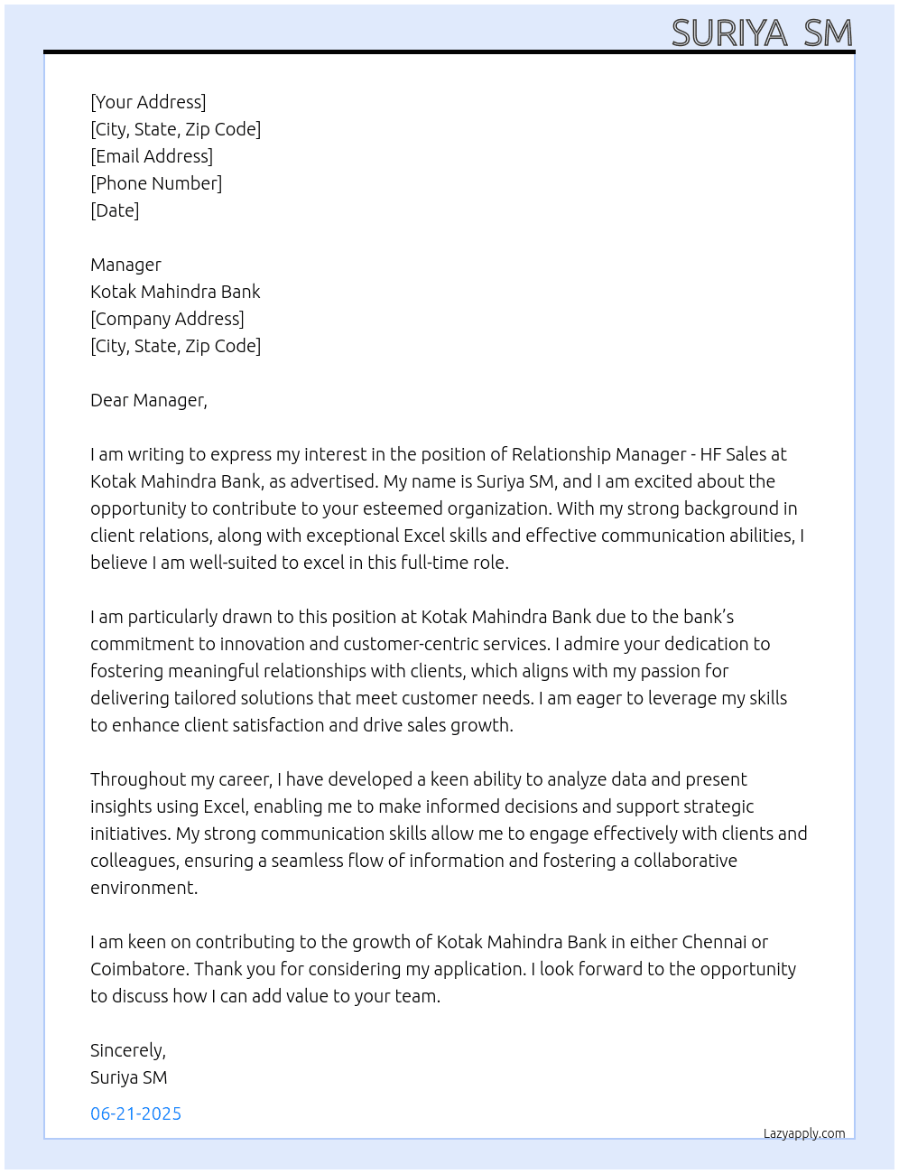 Relationship Manager - HF Sales At Kotak Mahindra Bank  Cover Letter