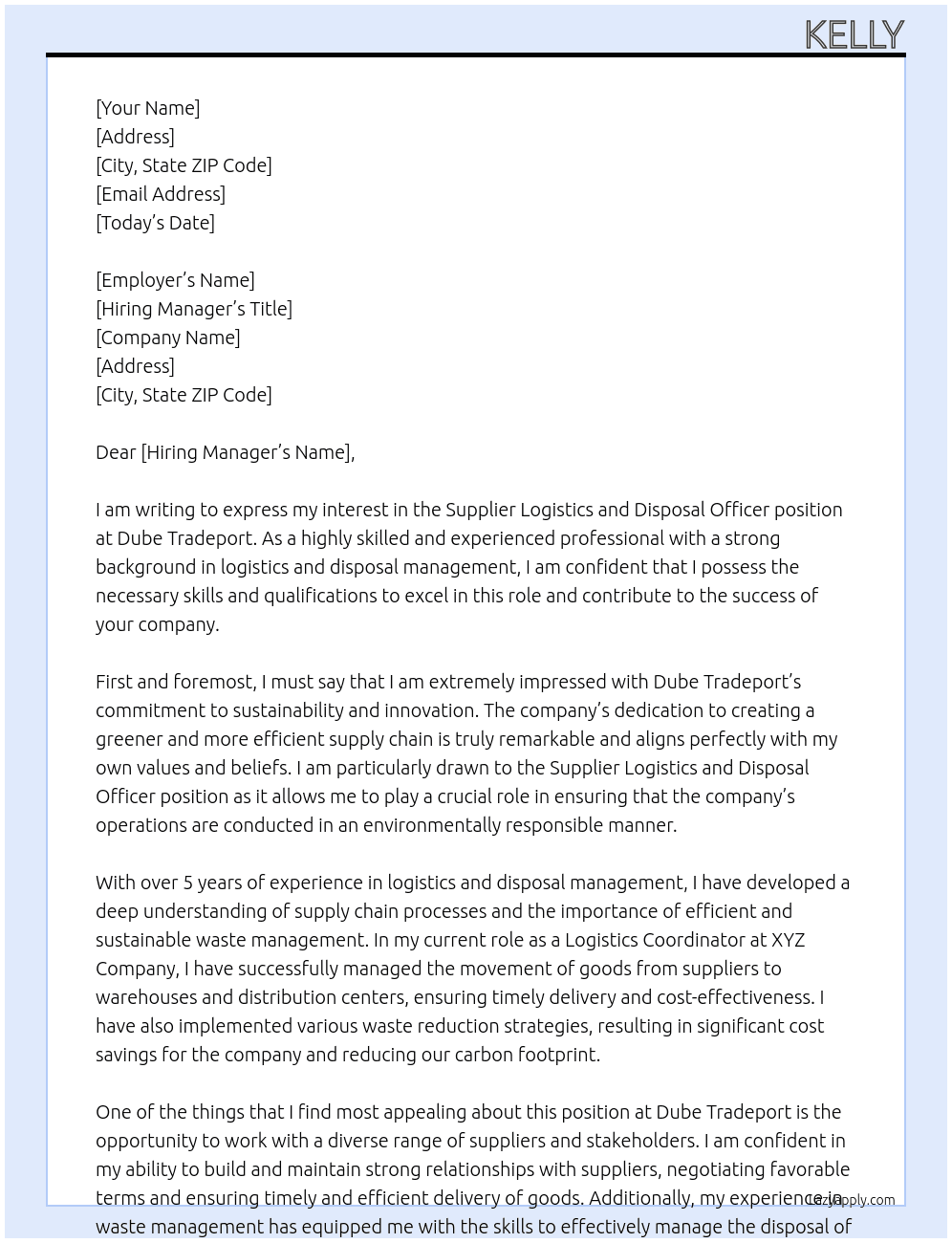 Supplier Logistics and Disposal officer At Dube Tradeport Cover Letter