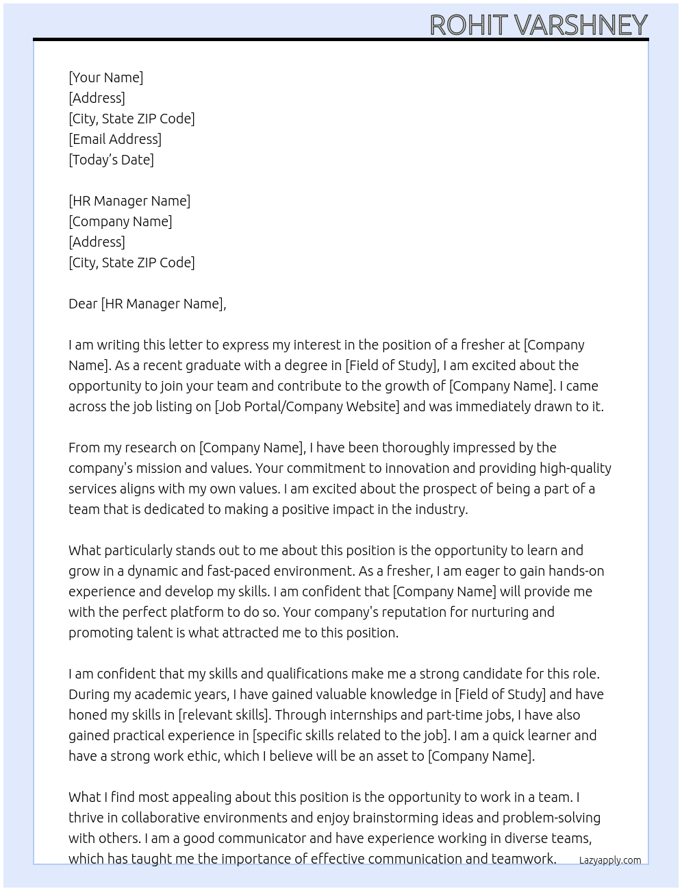 Fresher At sample Cover Letter