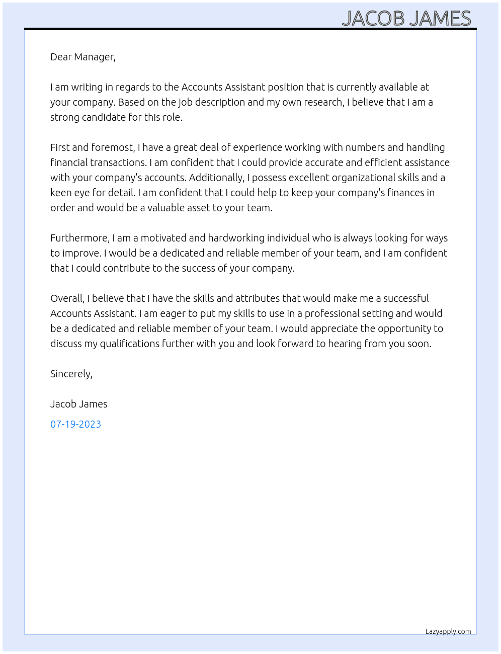 Accounts Assistant  At Company Cover Letter