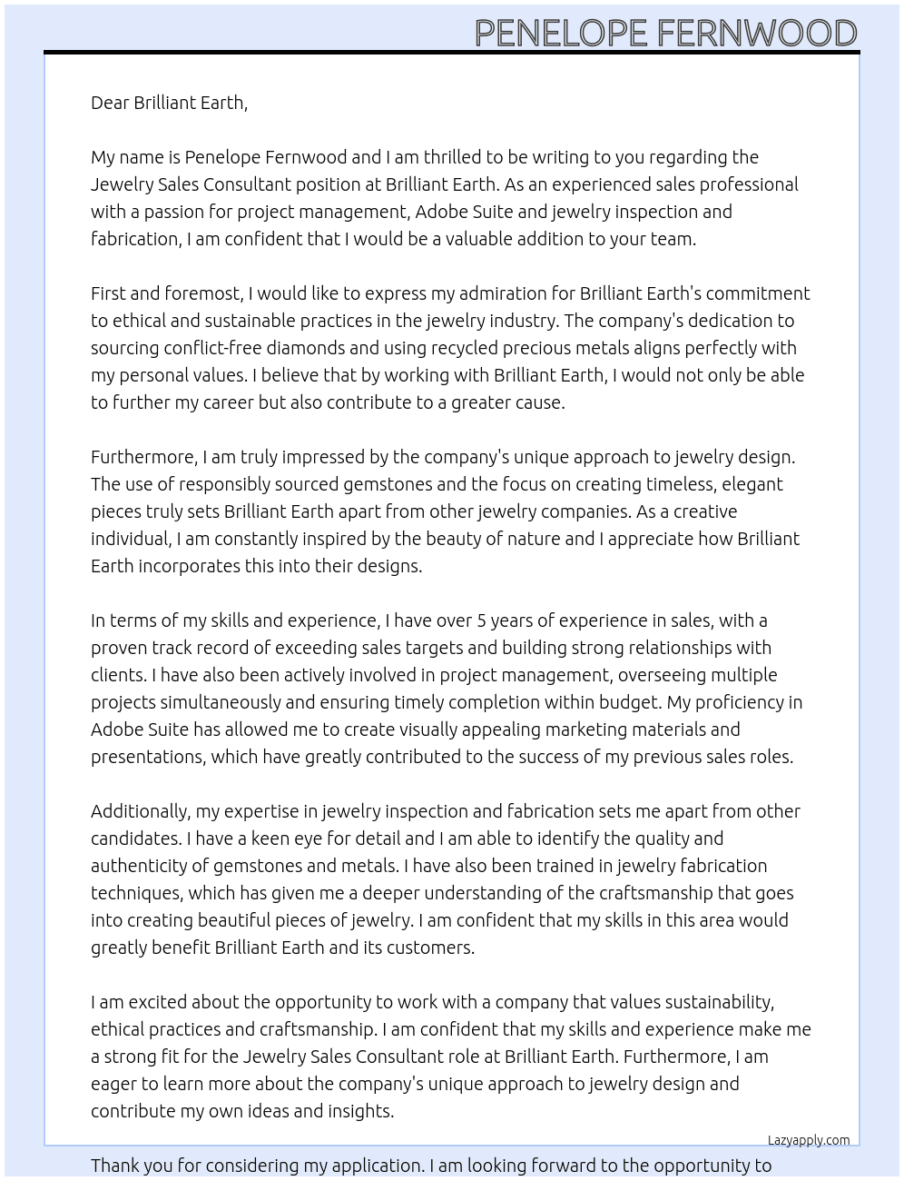 Jewelry Sales Consultant At Brilliant Earth Cover Letter