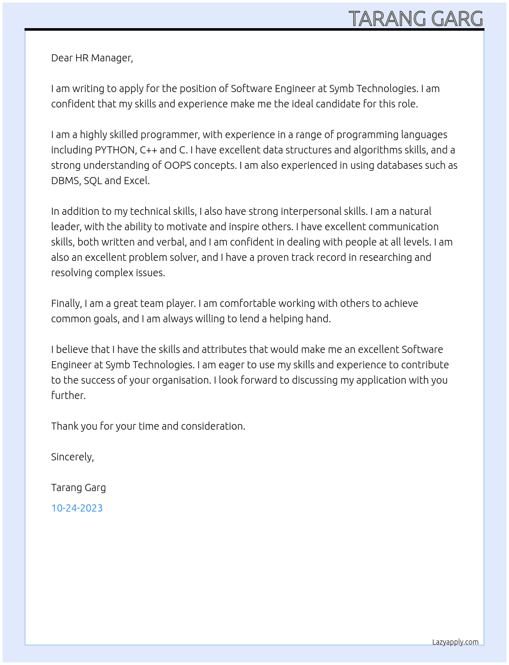 Software Engineer At Symb Technologies Cover Letter