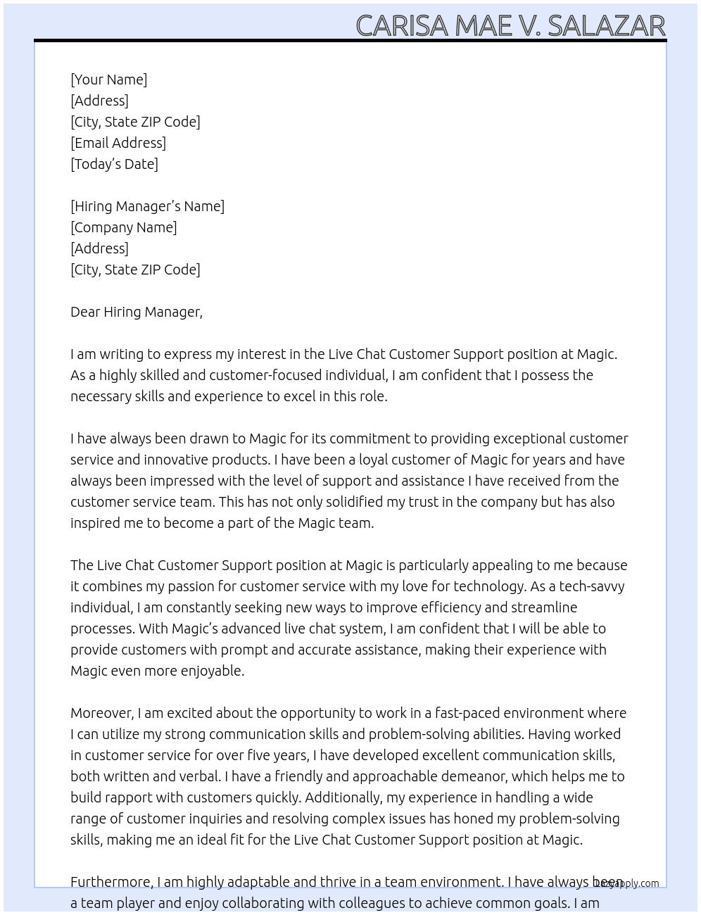  Live Chat Customer Support At Magic Cover Letter