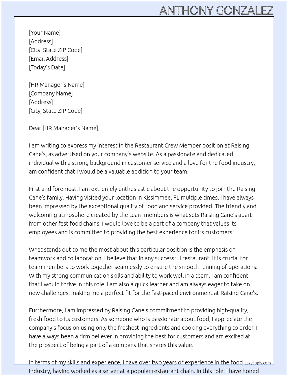 Restaurant crew member At Raising canes Cover Letter