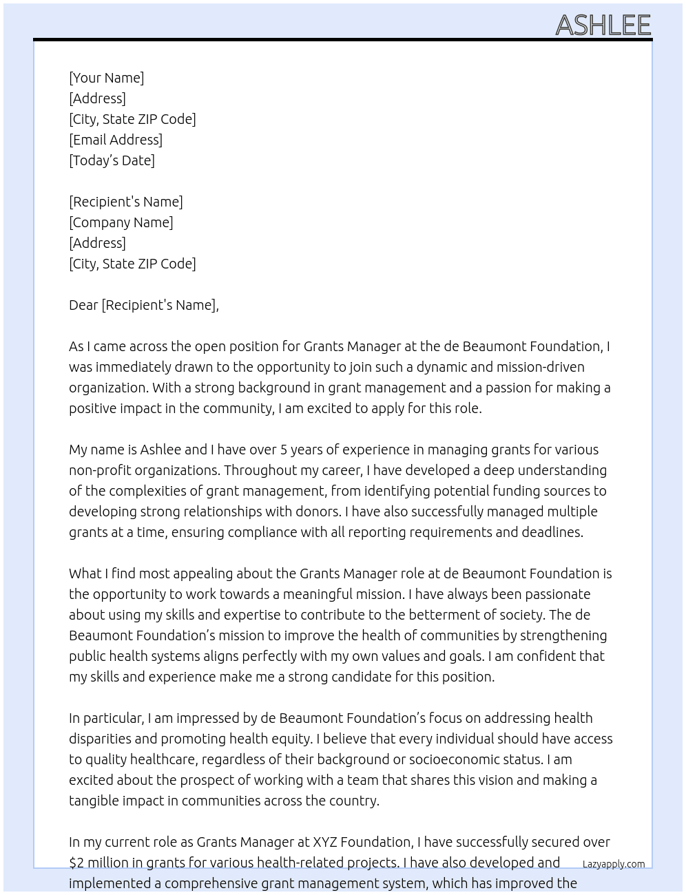 Grants Manager At de Beaumont Foundation Cover Letter