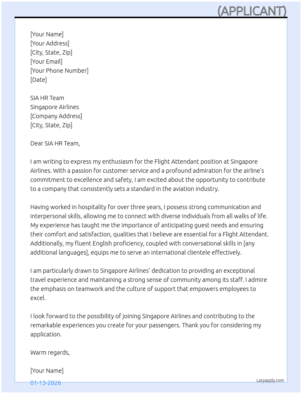 singapore airlines flight attendant At Singapore airlines Cover Letter