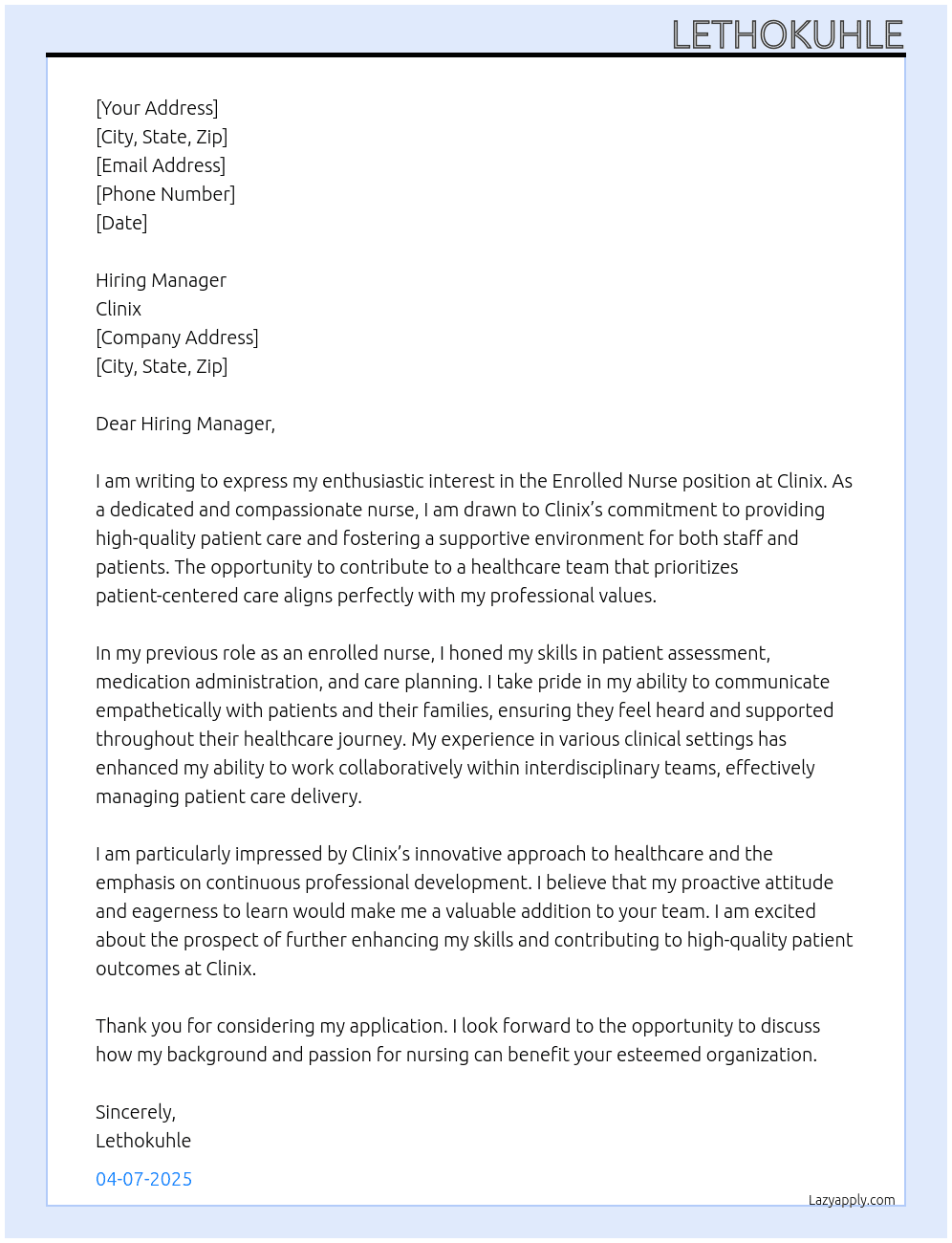 enrolled nurse At Clinix Cover Letter