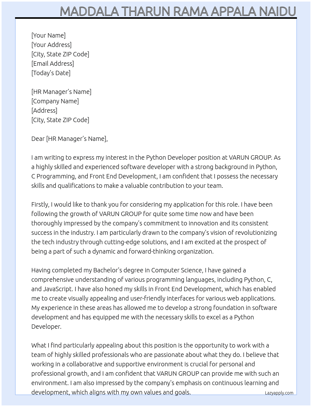 Python developer At VARUN GROUP  Cover Letter