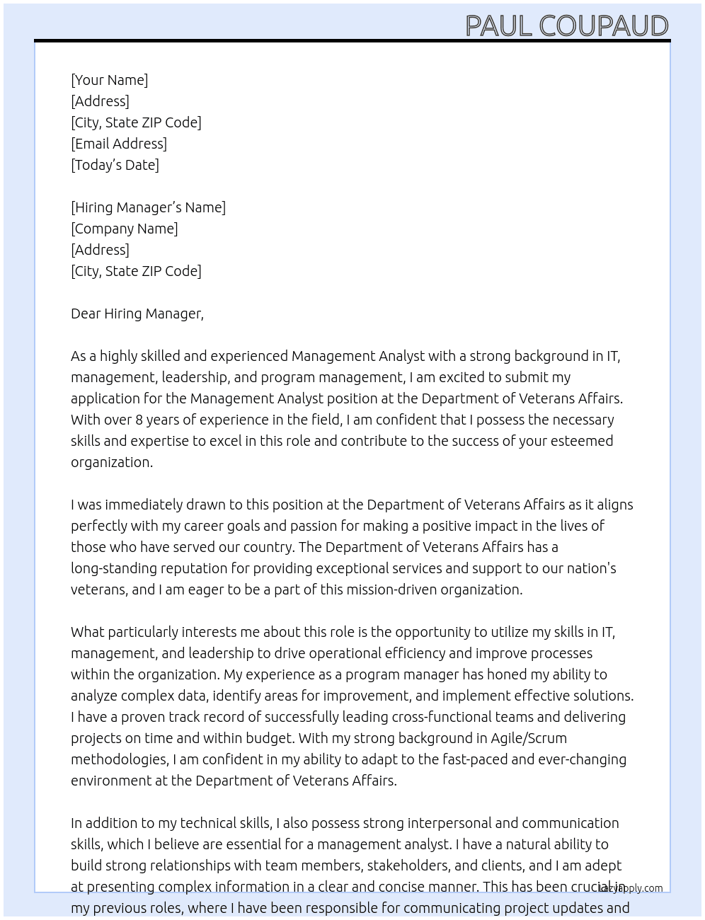 Management Analyst At Department of Veterans Affairs Cover Letter