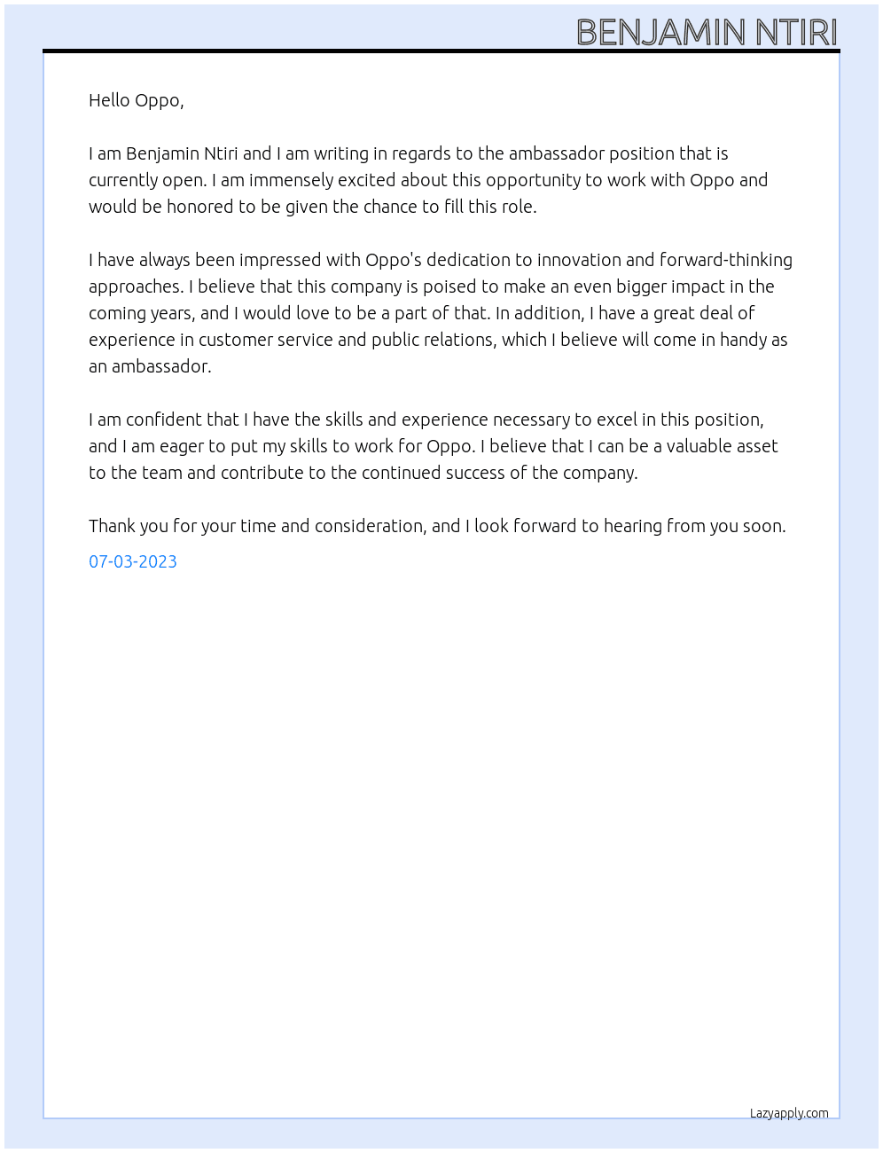 ambassador  At oppo Cover Letter