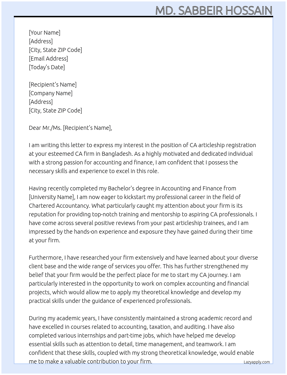 CA  articleship registation At CA FIRM in bangladesh Cover Letter