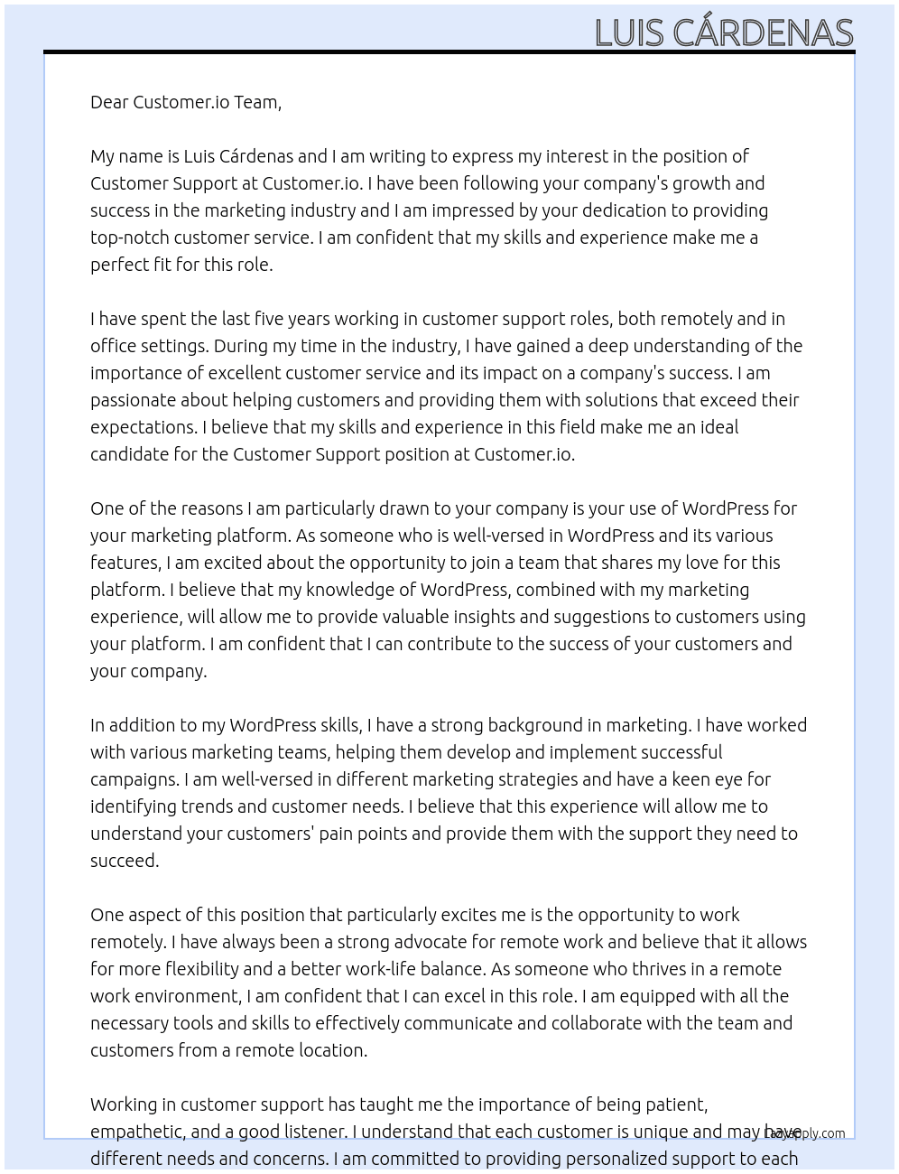 Customer support At Customer.io Cover Letter