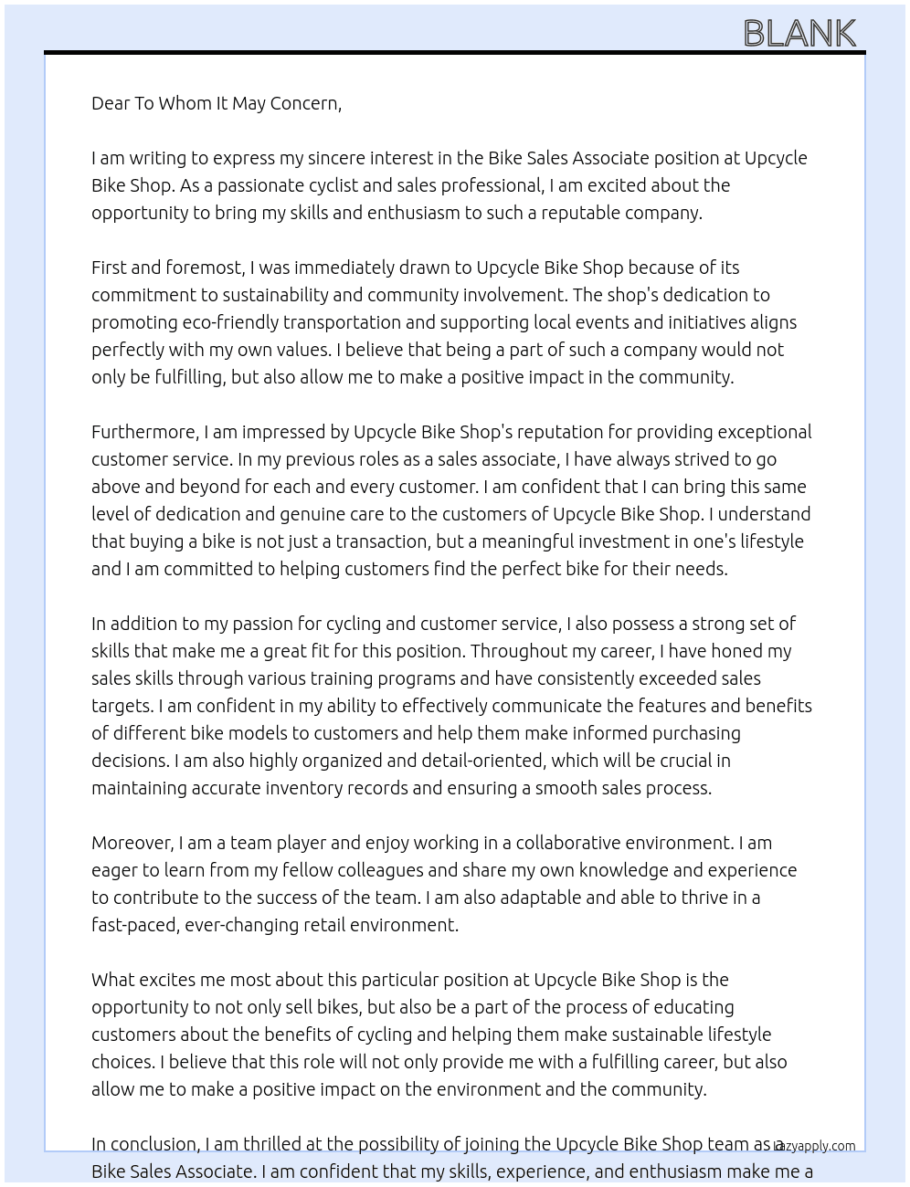 Bike Sales Associate At Upcycle Bike Shop Cover Letter