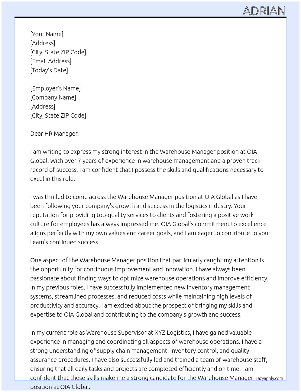 Warehouse Manager At OIA Global Cover Letter