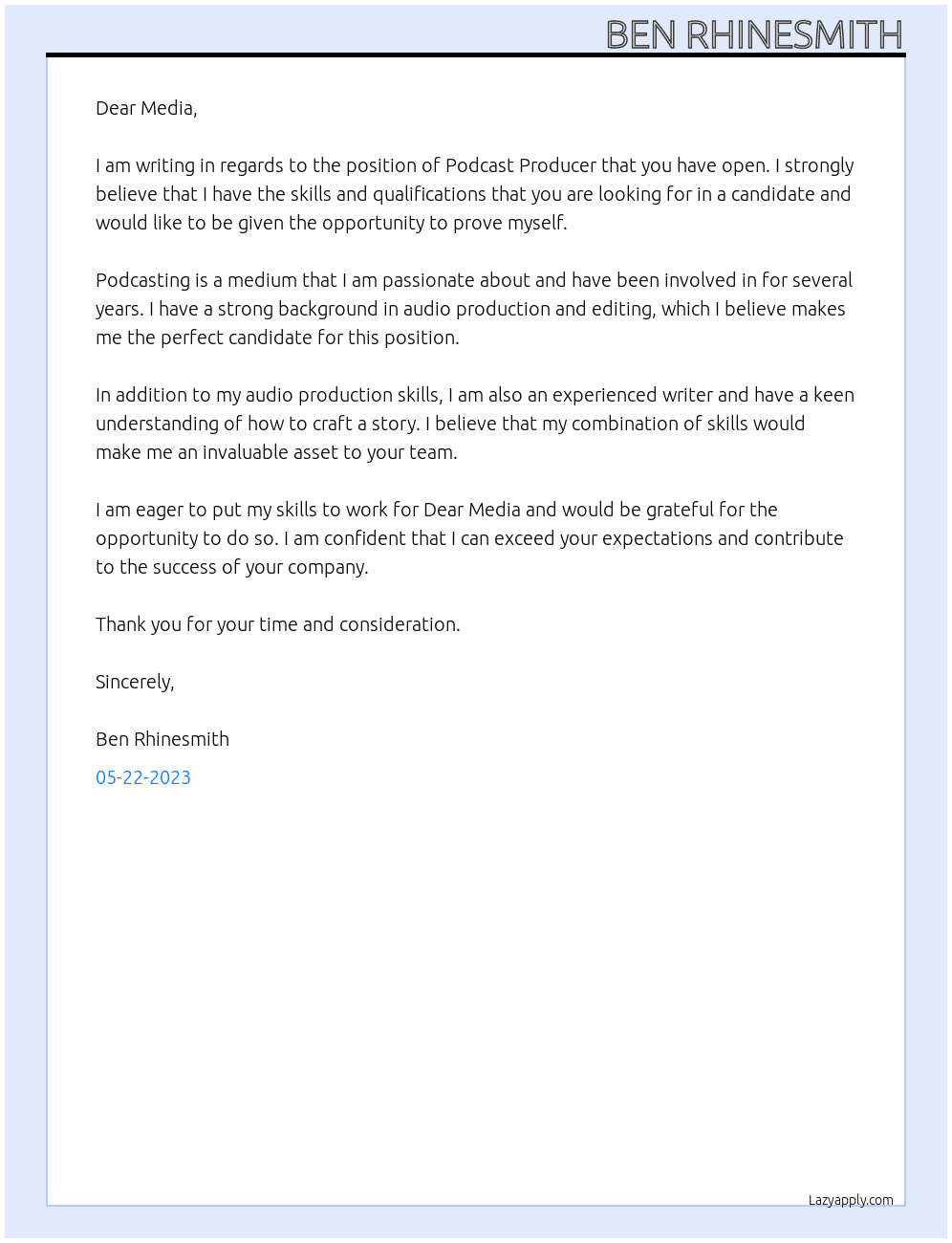 Podcast Producer  At Dear Media Cover Letter