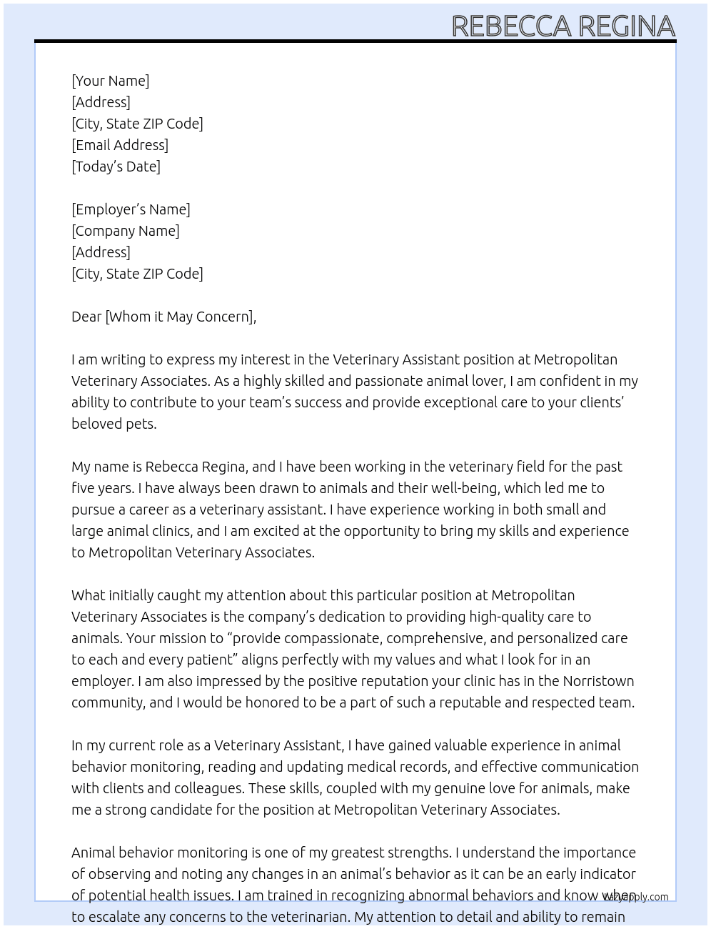 Veterinary Assistant At Metropolitan Veterinary Associates Cover Letter