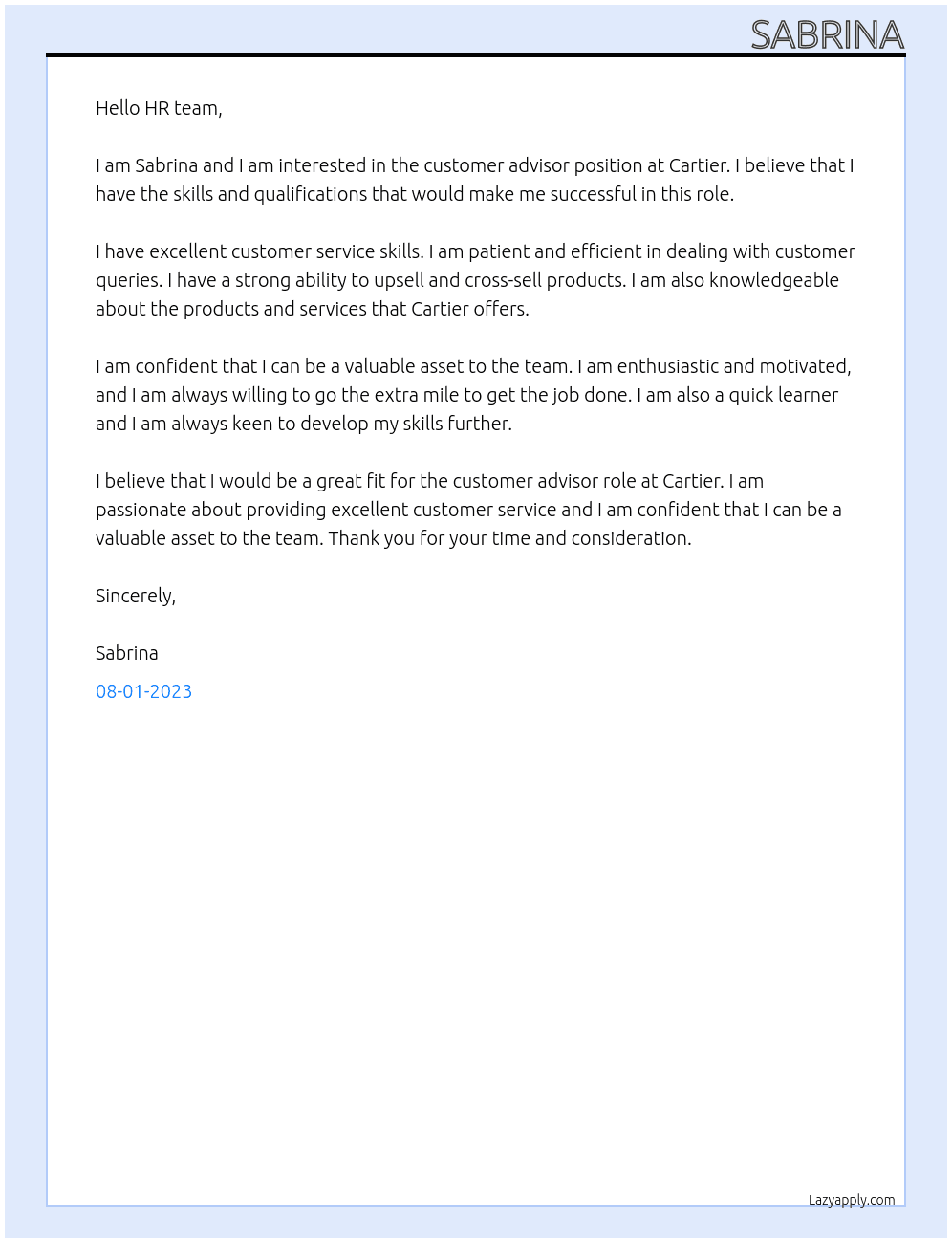 customer Advisor At Cartier Cover Letter