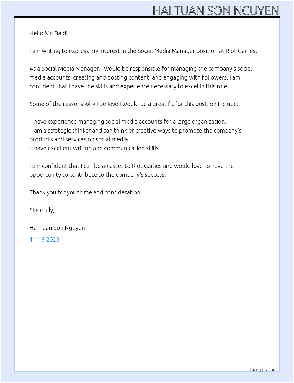 Social Media Manager At Riot Games Cover Letter