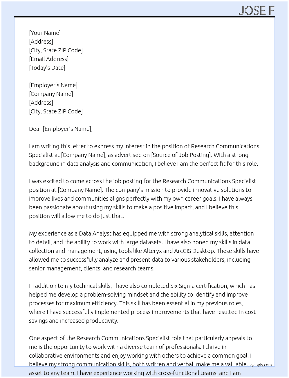 Research Communications Specialist At Jose F Cover Letter