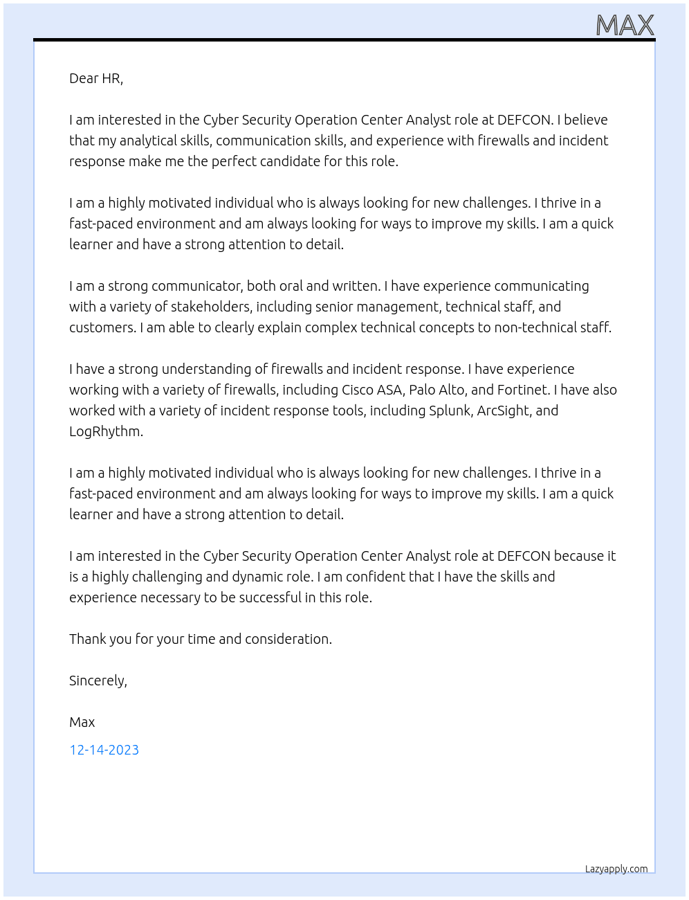 Cyber Security Operation Center Analyst At DEFCON Cover Letter