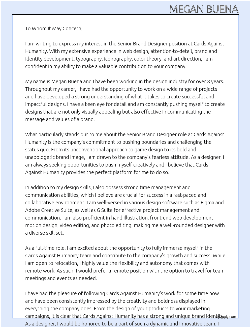 Senior Brand Designer At Cards Against Humanity Cover Letter