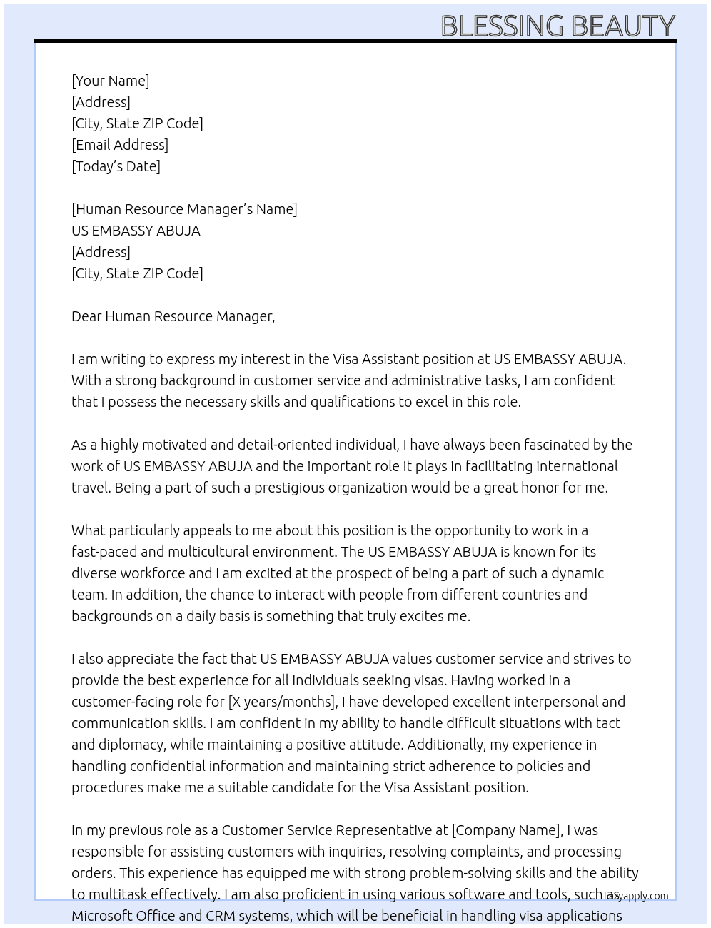 Visa Assistant At US EMBASSY ABUJA Cover Letter