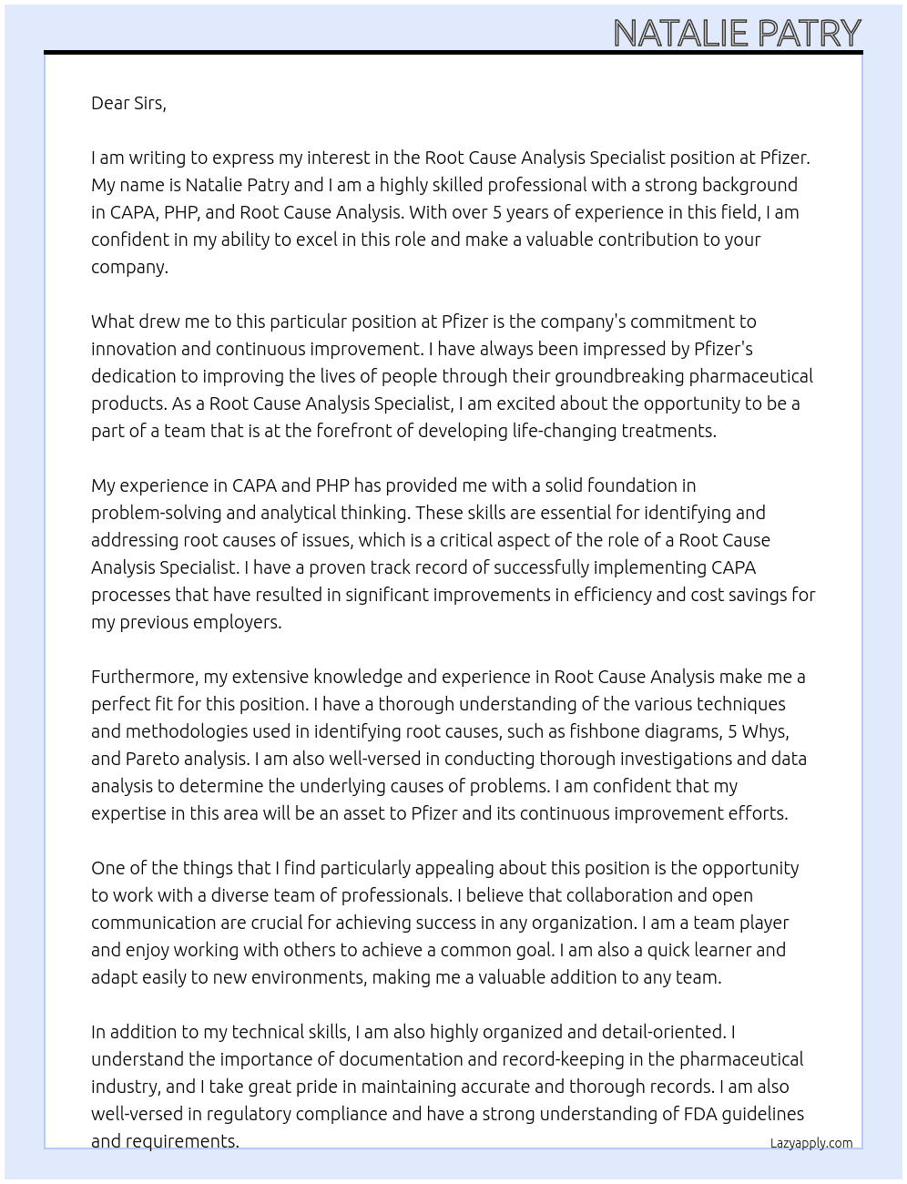 Root Cause Analysis Specialist At Pfizer Cover Letter