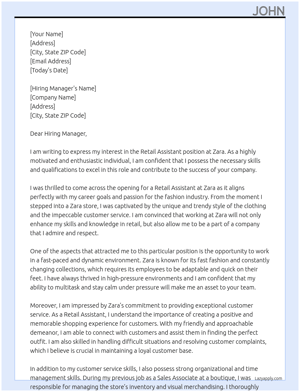 Retail Assistant At Zara Cover Letter