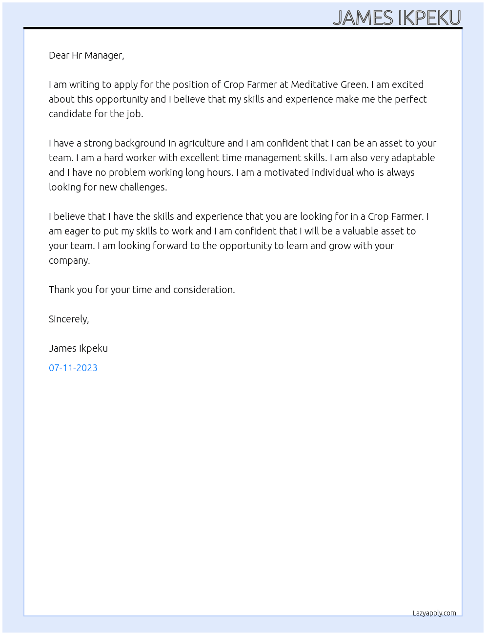 Cover letter for crop farmer - LazyApply