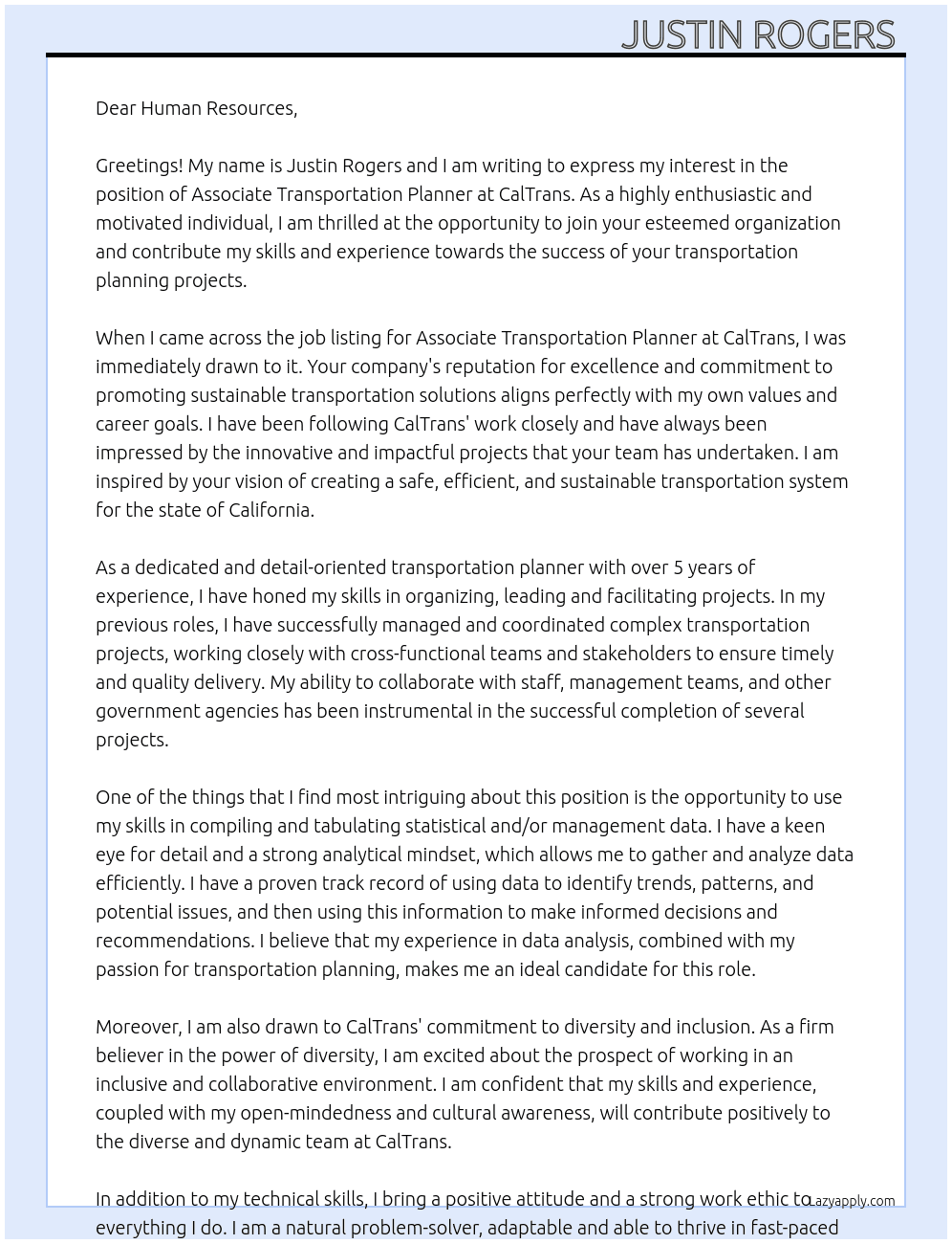  ASSOCIATE TRANSPORTATION PLANNER At CalTrans  Cover Letter