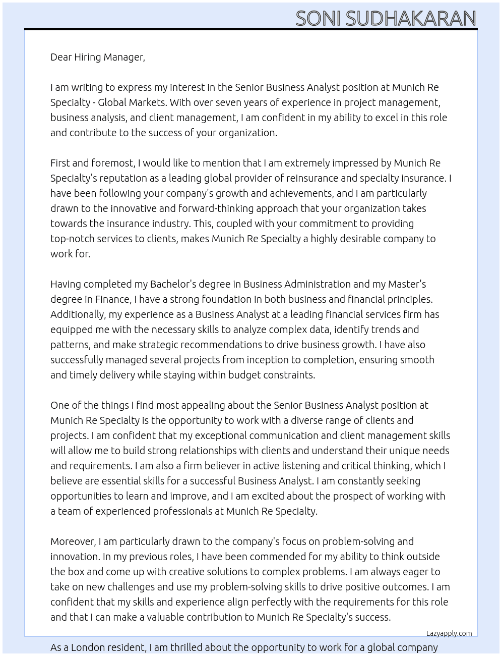 Senior Business Analyst At Munich Re Specialty - Global Markets Cover Letter