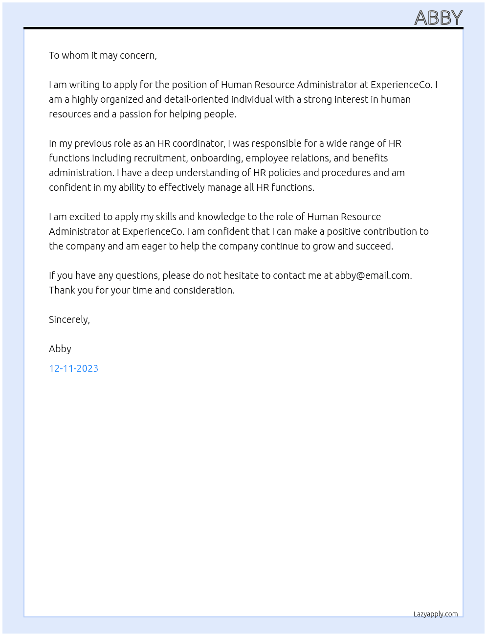 Human Resource Administrator  At ExperienceCo Cover Letter