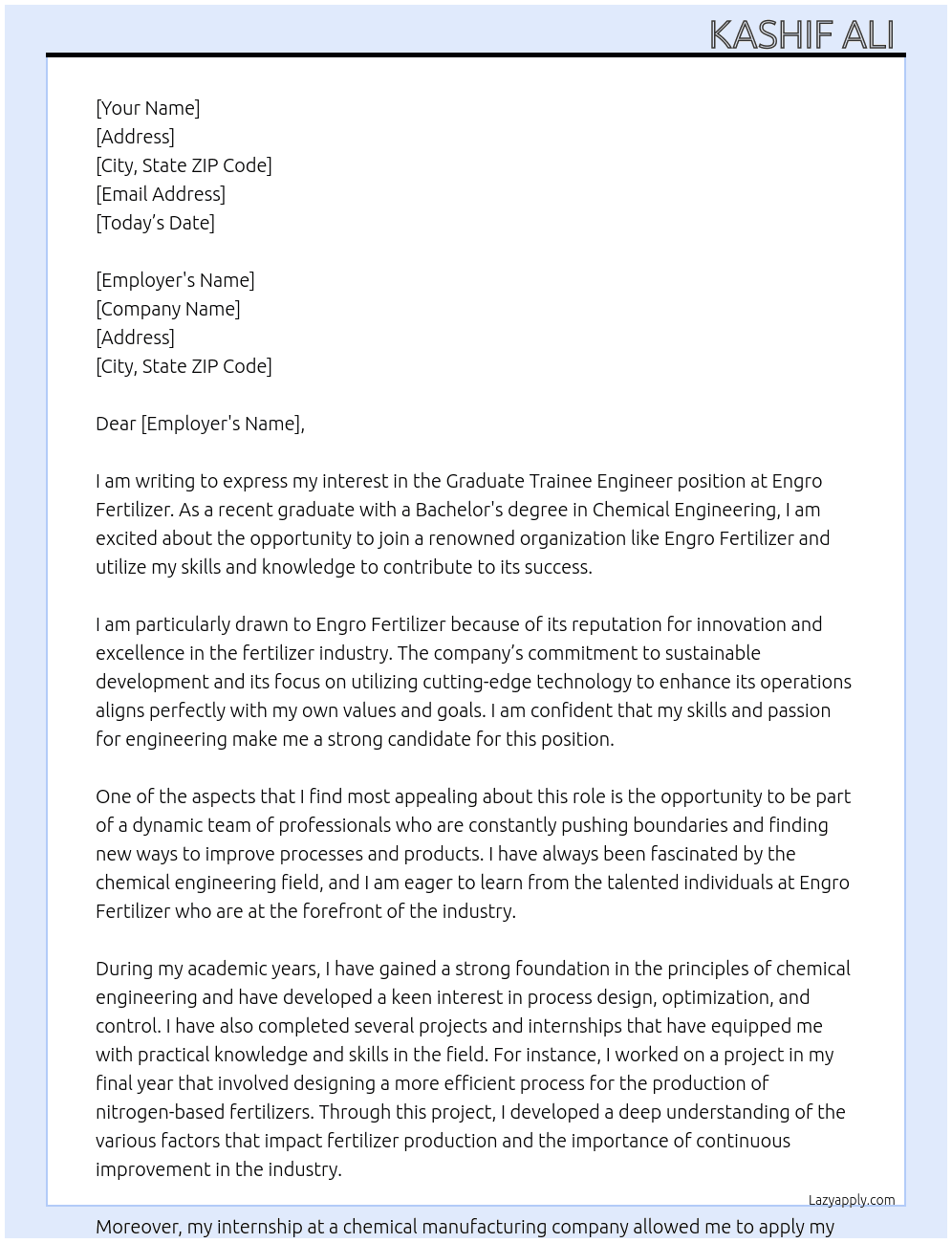 Graduate trainee Engineer  At Engro fertilizer  Cover Letter