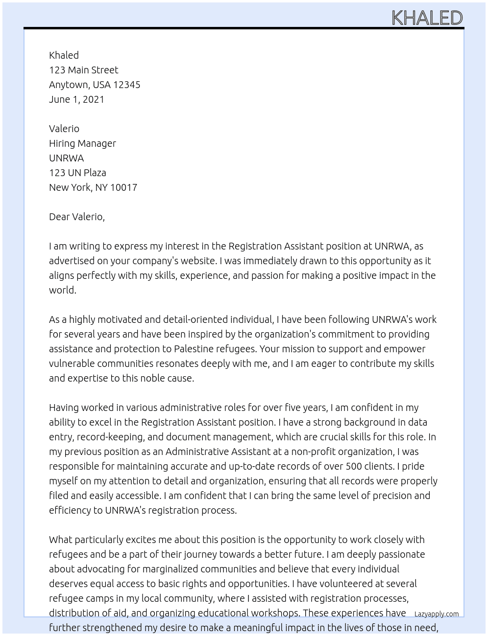 Registration Assistant At UNRWA Cover Letter