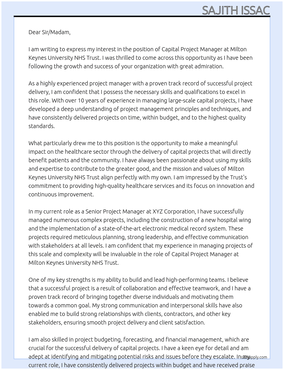 capital project manager  At Milton Keynes University NHS Trust   Cover Letter