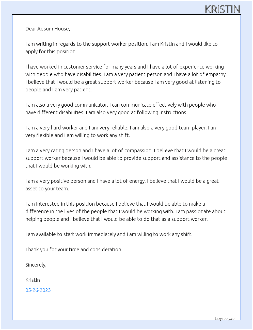 Support Worker At Adsum House Cover Letter
