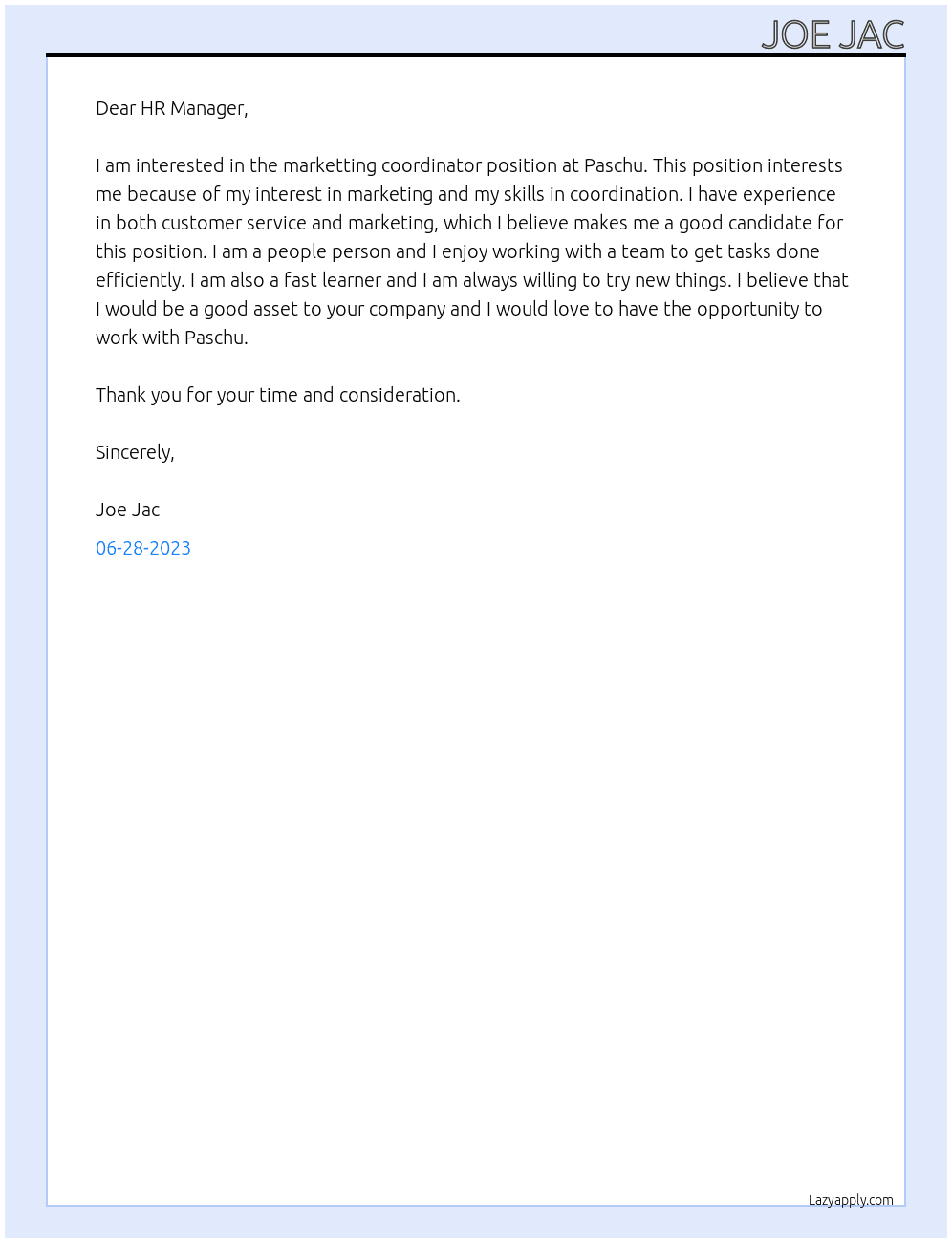 marketting coordinator At Paschu  Cover Letter