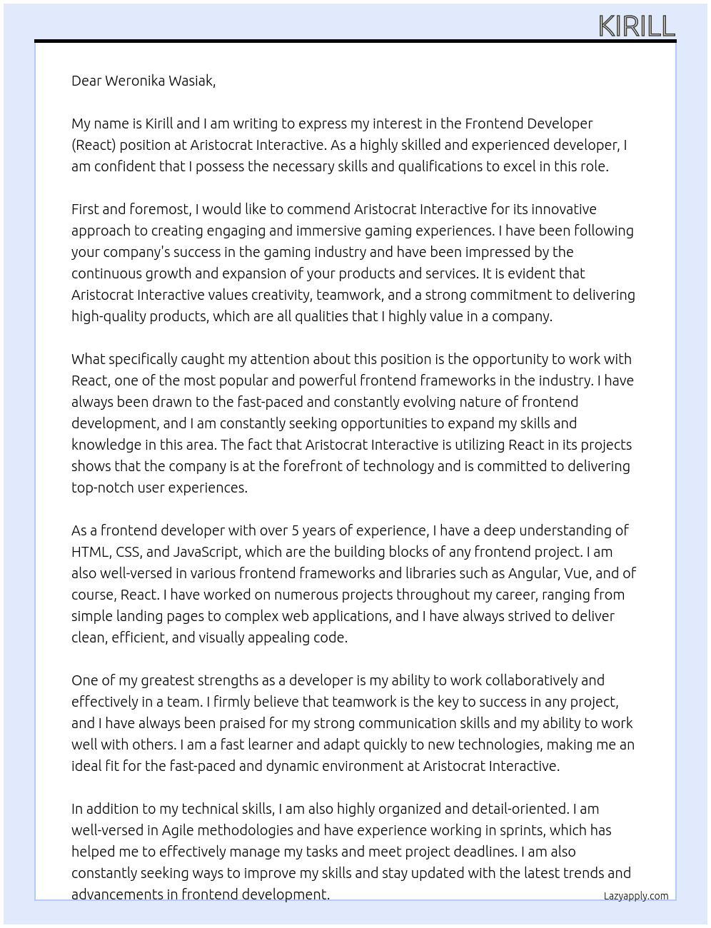 Frontend Developer (React) At Aristocrat Interactive Cover Letter