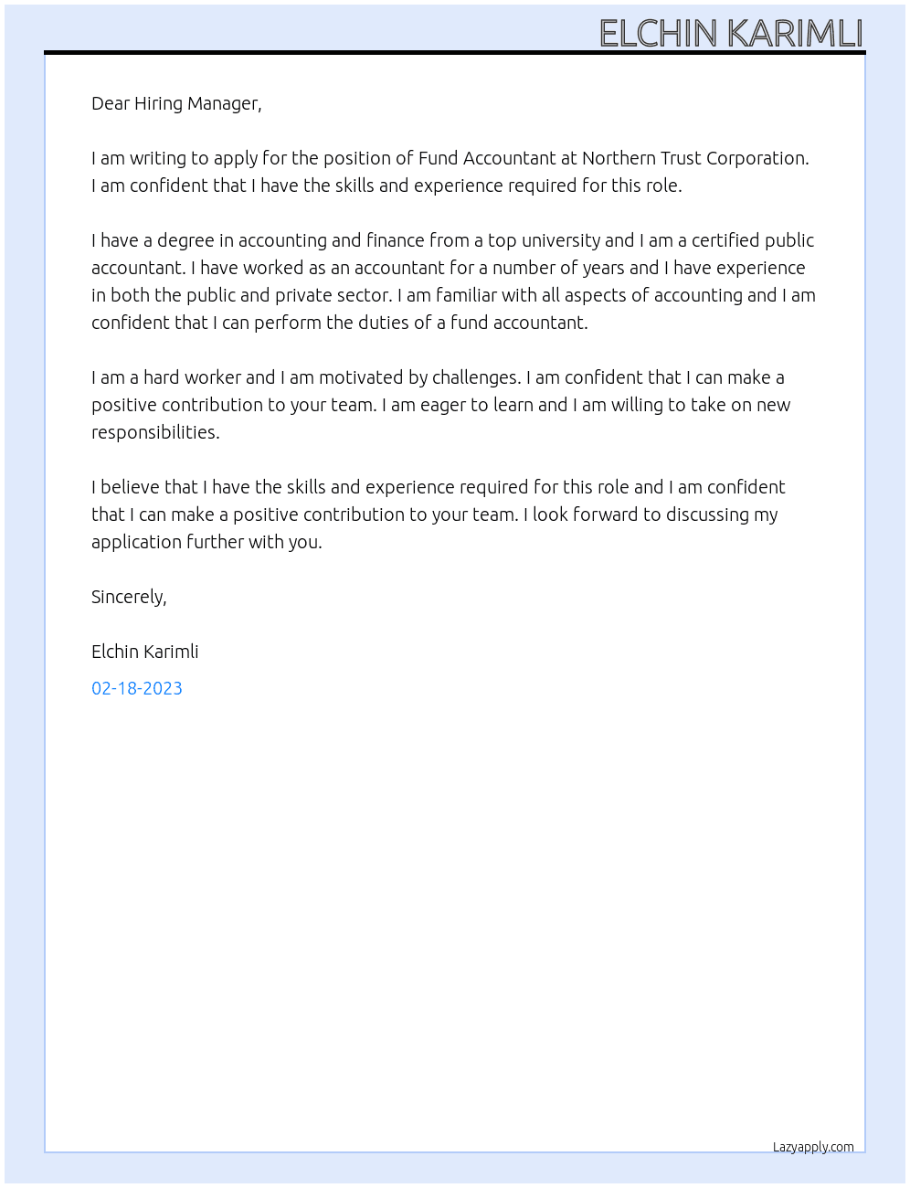 Fund Accountant At Northern Trust Corporation Cover Letter