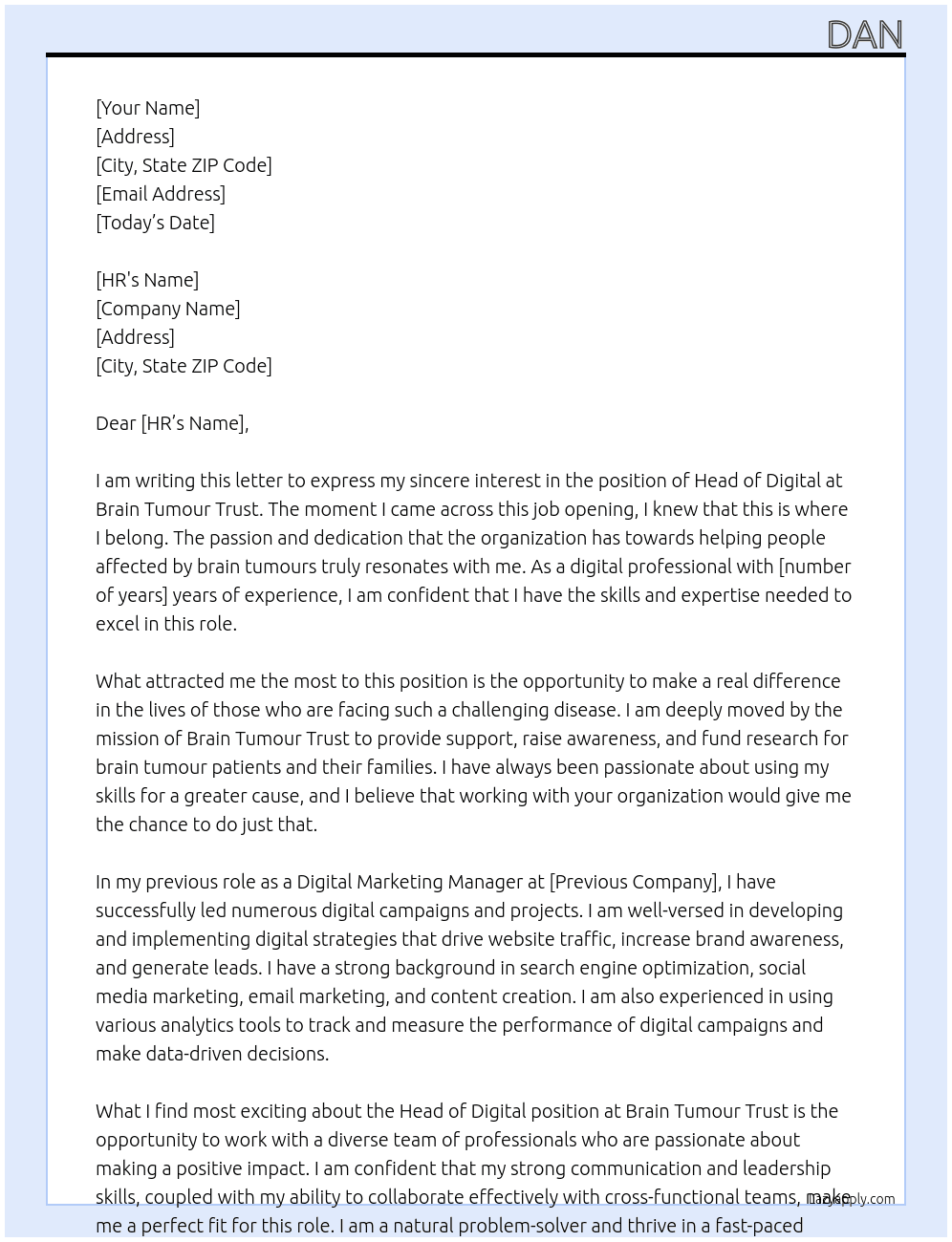 Cover letter for head of digital - LazyApply