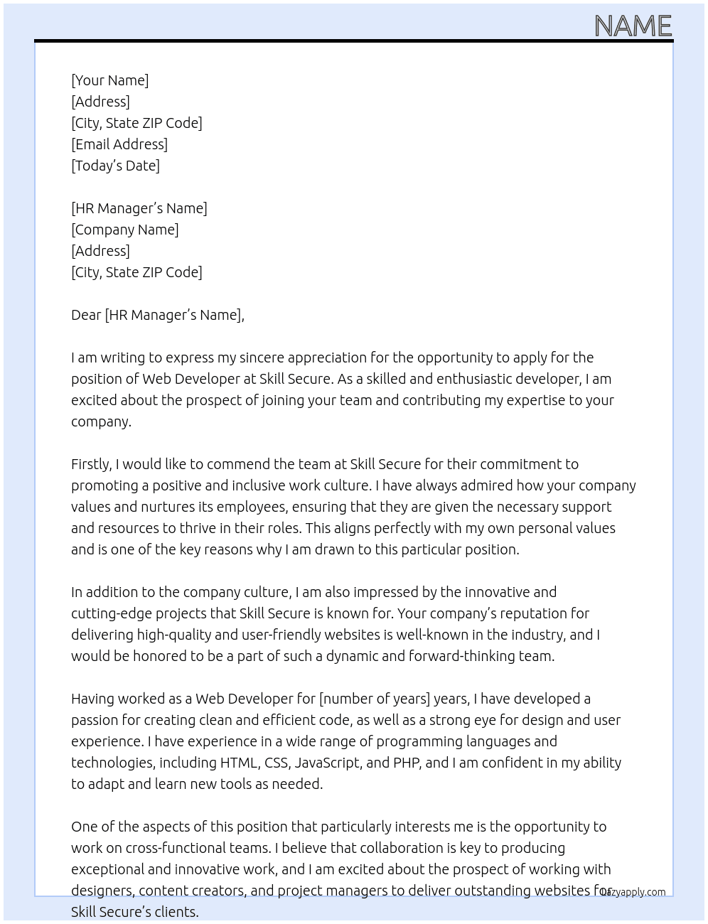 Web Developer At Skill Secure  Cover Letter