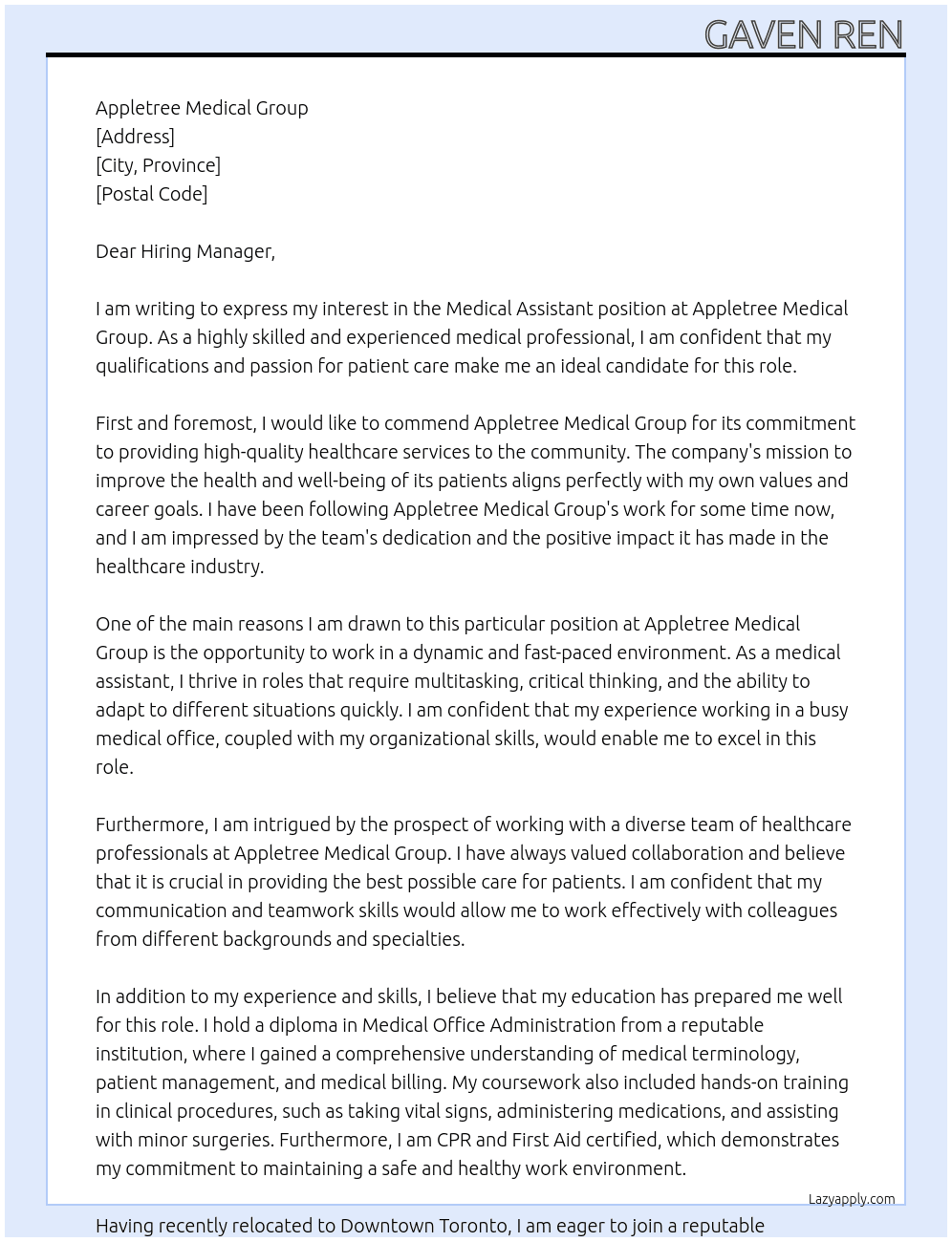 Medical Assistant At Appletree Medical Group Cover Letter