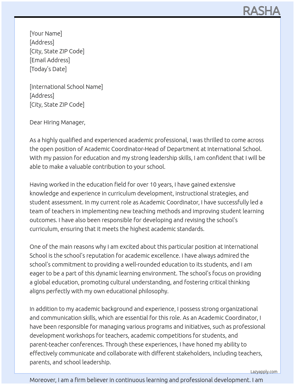 Academic Coordinator-Head of Department At International School Cover Letter