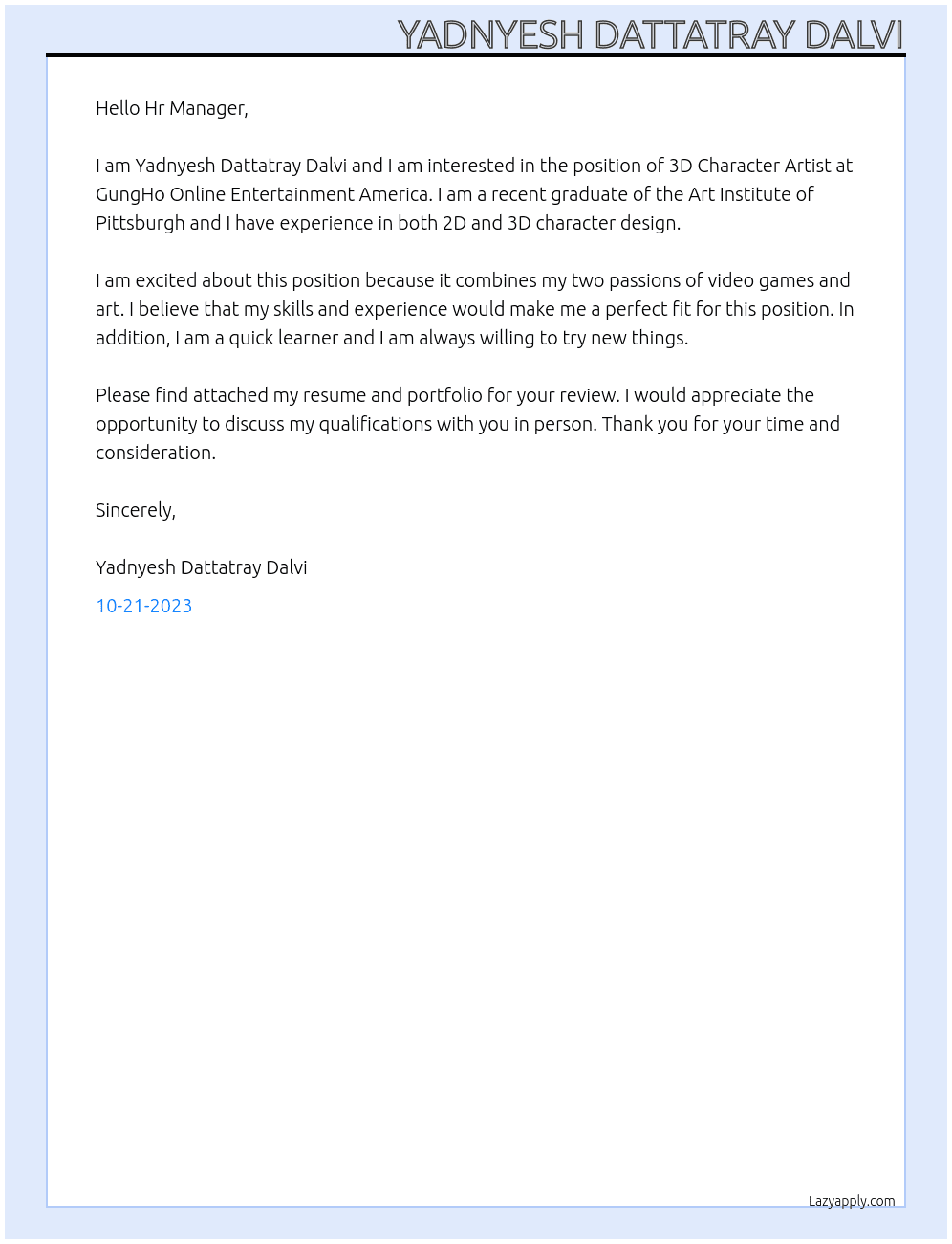 3D Character Artist At GungHo Online Entertainment America Cover Letter