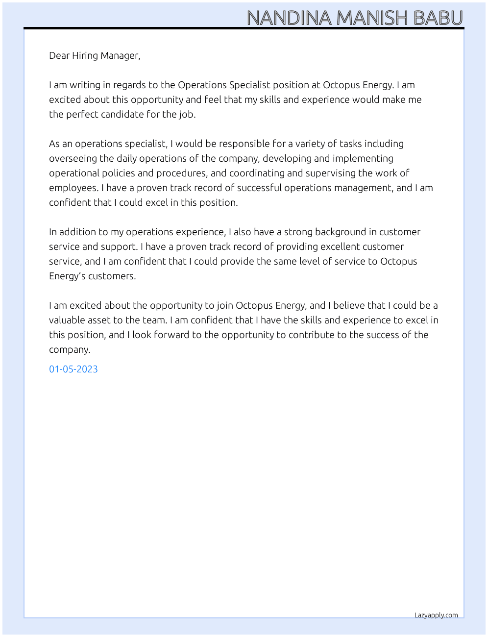 Operations Specialist At Octopus Energy Cover Letter