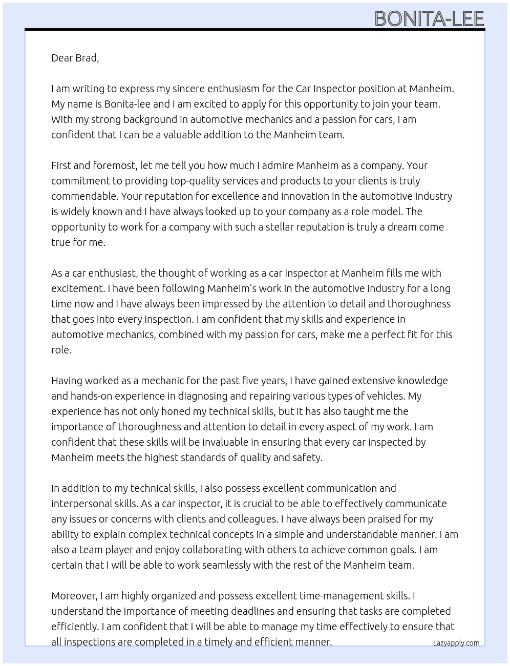car inspector At Manheim Cover Letter